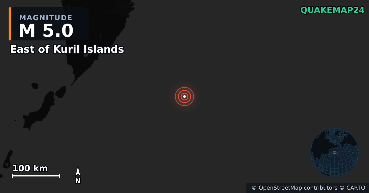 M5.0 earthquake near East of Kuril Islands on Feb 6, 2026 — map of epicenter and shaking intensity | QuakeMap24