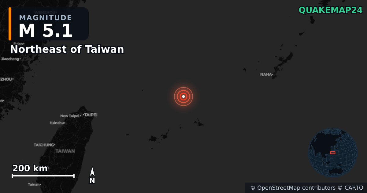 M5.1 earthquake near Northeast of Taiwan on Nov 20, 2025 — map of epicenter and shaking intensity | QuakeMap24