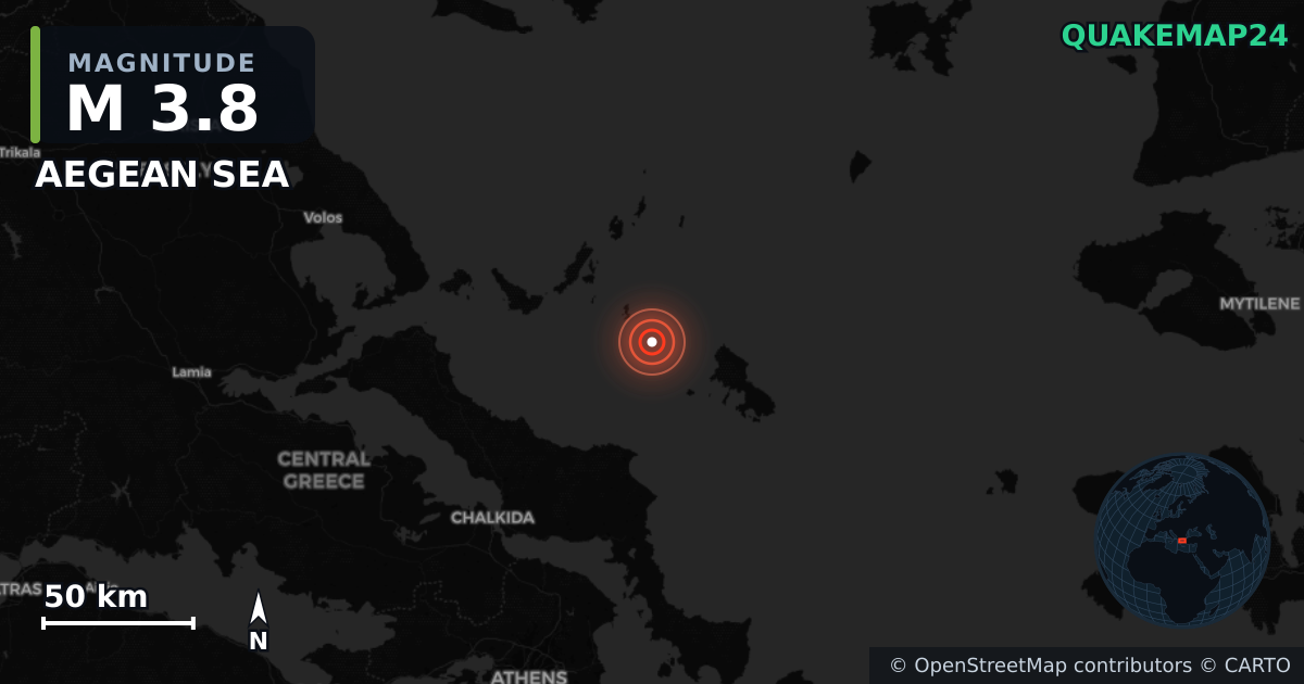 M3.8 earthquake near AEGEAN SEA on Nov 18, 2025 — map of epicenter and shaking intensity | QuakeMap24