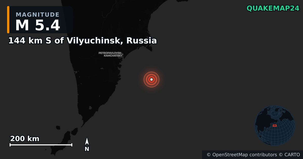 M5.4 earthquake near 144 km S of Vilyuchinsk, Russia on Jul 30, 2025 — map of epicenter and shaking intensity | QuakeMap24