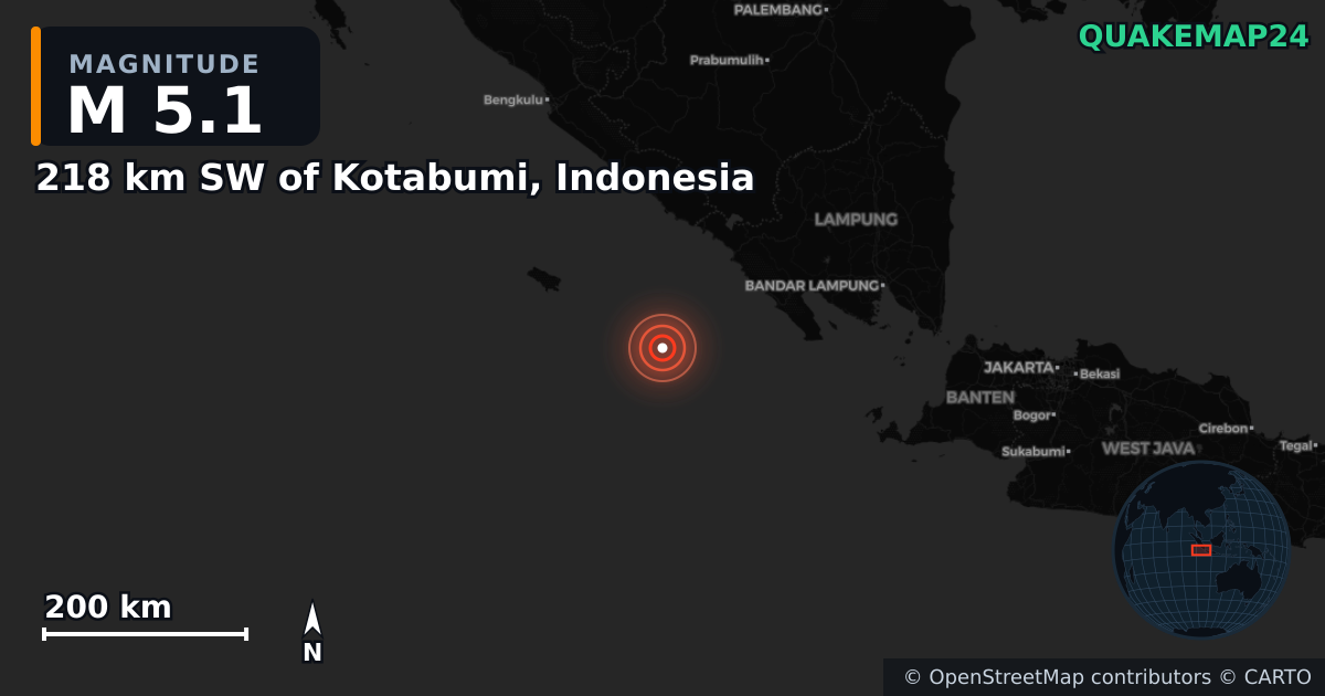 M5.1 earthquake near 218 km SW of Kotabumi, Indonesia on Feb 8, 2025 — map of epicenter and shaking intensity | QuakeMap24