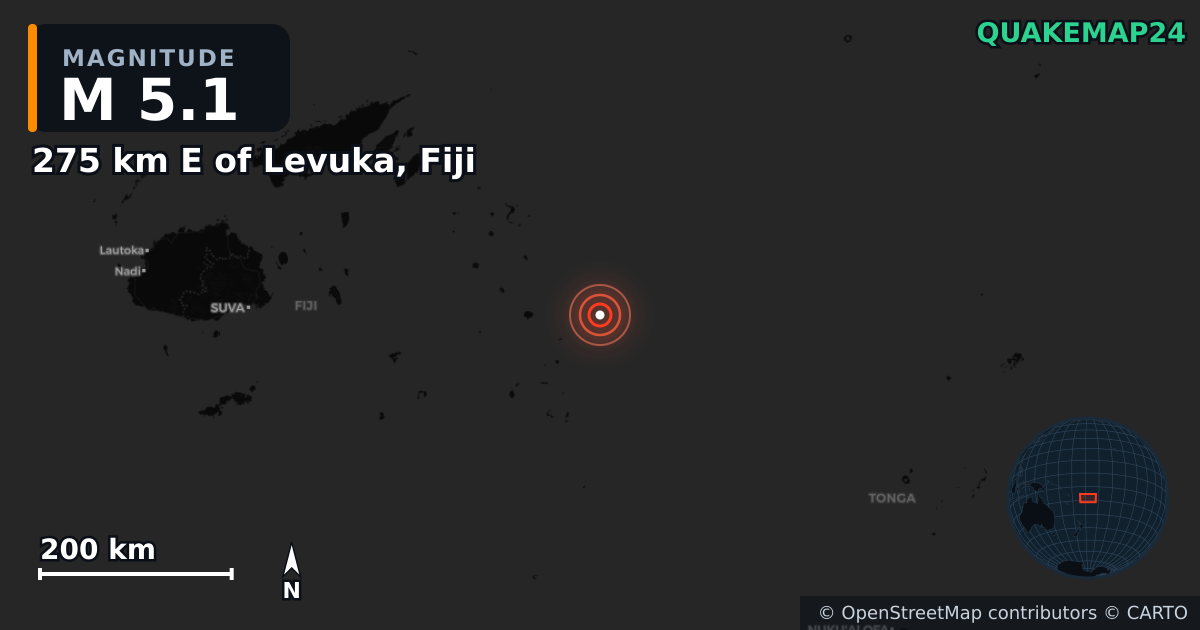 M5.1 earthquake near 275 km E of Levuka, Fiji on Feb 12, 2026 — map of epicenter and shaking intensity | QuakeMap24