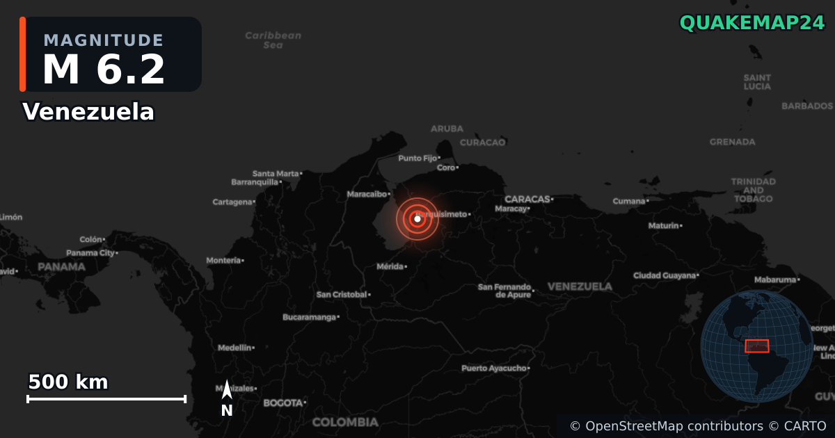 M6.2 earthquake near Venezuela on Sep 24, 2025 — map of epicenter and shaking intensity | QuakeMap24