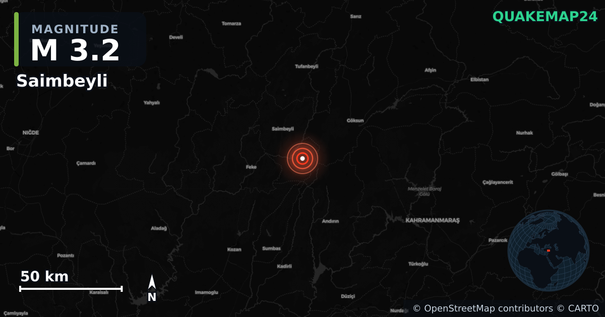 Erdbeben M3,2 bei Saimbeyli, Adana (Türkei) · 2026-06-16 — Karte der Lage des Epizentrums
