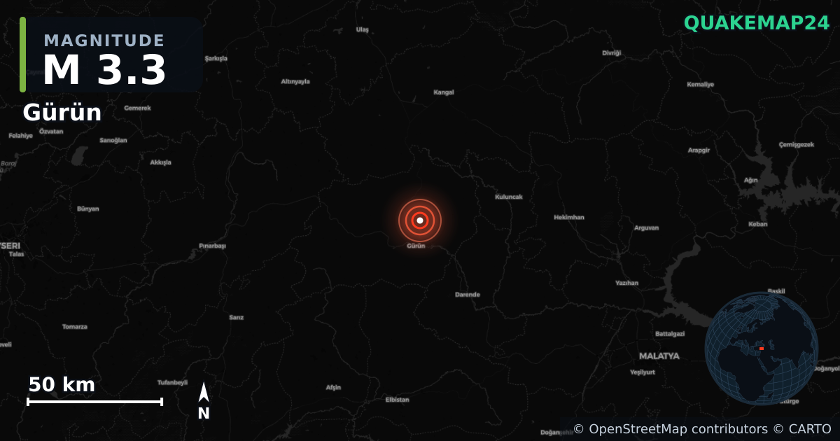 M3.3 earthquake near Gürün on Jul 13, 2026 — map of epicenter and shaking intensity | QuakeMap24