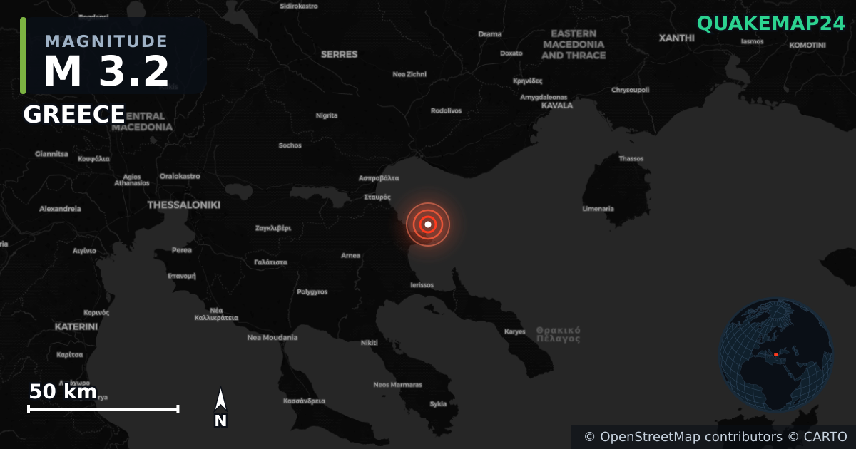 M3.2 earthquake near GREECE on Apr 25, 2025 — map of epicenter and shaking intensity | QuakeMap24