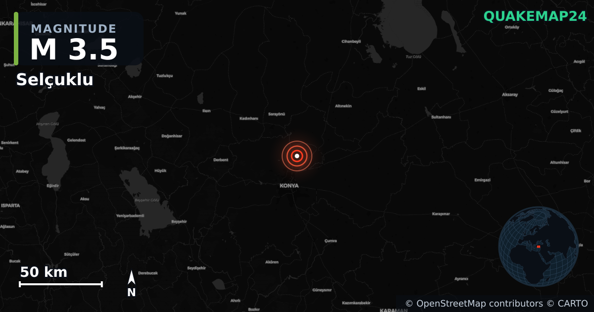 M3.5 earthquake near Selçuklu on May 10, 2025 — map of epicenter and shaking intensity | QuakeMap24