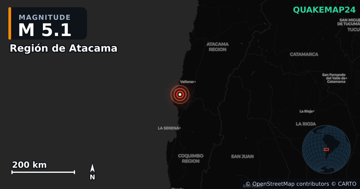 M5.1 earthquake near Región de Atacama on Dec 10, 2025 — map of epicenter and shaking intensity | QuakeMap24