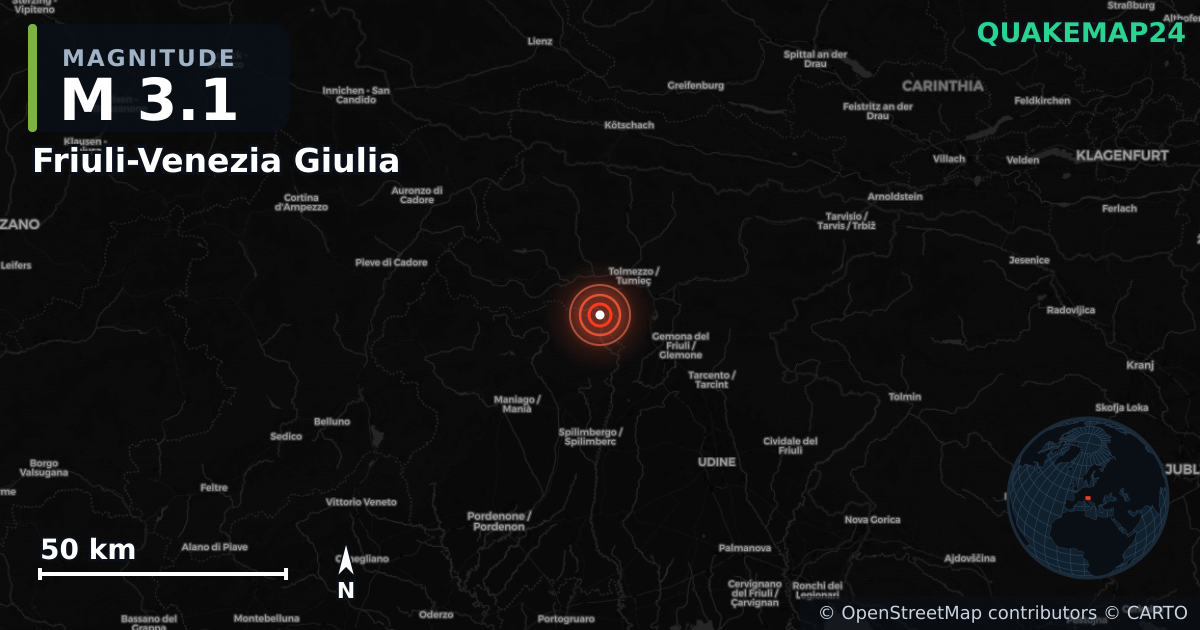 M3.1 earthquake near Friuli-Venezia Giulia on Oct 12, 2025 — map of epicenter and shaking intensity | QuakeMap24