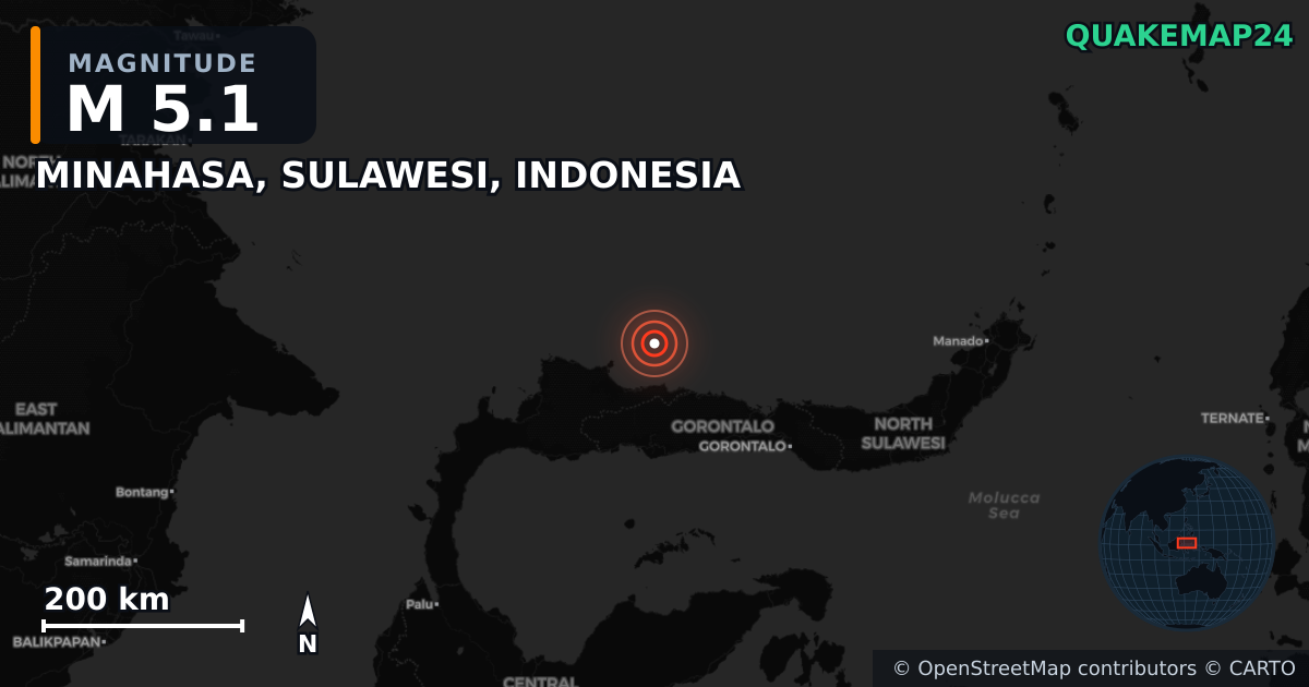 M5.1 earthquake near MINAHASA, SULAWESI, INDONESIA on Oct 28, 2025 — map of epicenter and shaking intensity | QuakeMap24