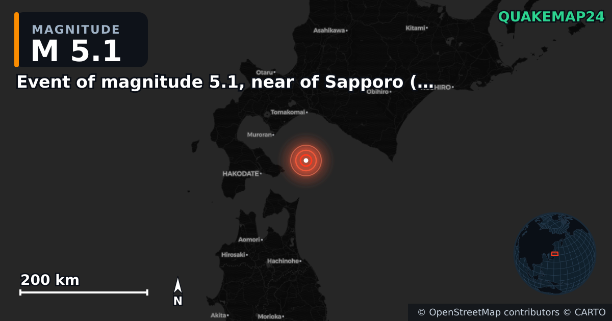 M5.1 earthquake near Event of magnitude 5.1, near of Sapporo (Monde) on Feb 11, 2026 — map of epicenter and shaking intensity | QuakeMap24