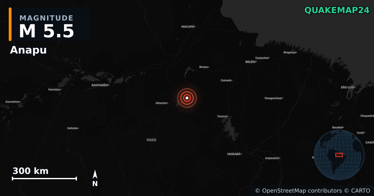 M5.5 earthquake near Anapu on Feb 22, 2026 — map of epicenter and shaking intensity | QuakeMap24
