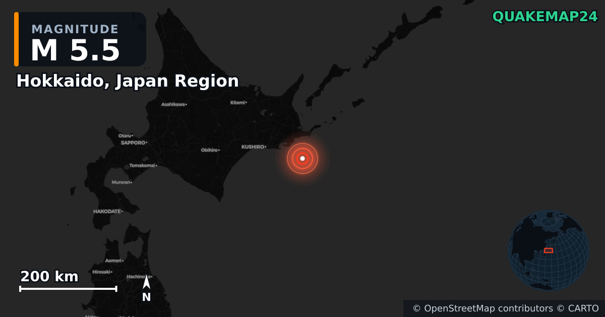 M5.5 earthquake near Hokkaido, Japan Region on Jan 14, 2026 — map of epicenter and shaking intensity | QuakeMap24