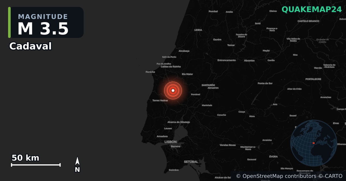 M3.5 earthquake near Cadaval on Aug 10, 2026 — map of epicenter and shaking intensity | QuakeMap24
