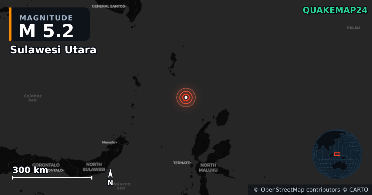 M5.2 earthquake near Sulawesi Utara on Apr 30, 2025 — map of epicenter and shaking intensity | QuakeMap24