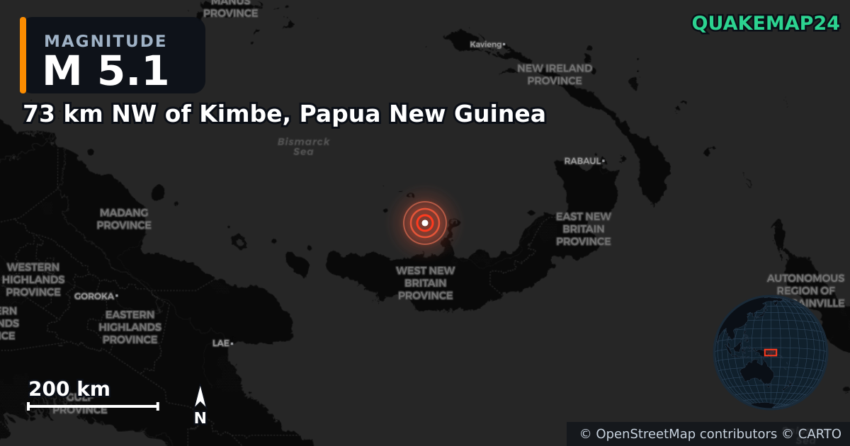 M5.1 earthquake near 73 km NW of Kimbe, Papua New Guinea on Jan 14, 2025 — map of epicenter and shaking intensity | QuakeMap24