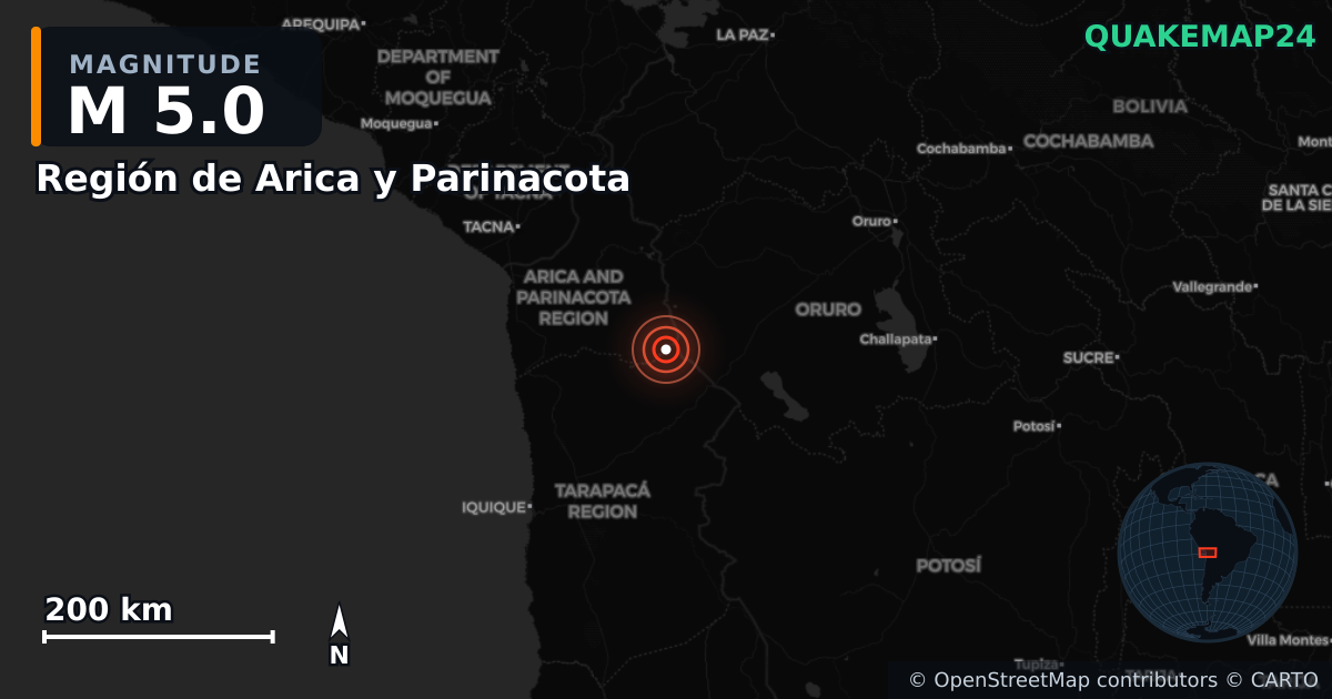 M5.0 earthquake near Región de Arica y Parinacota on Jul 10, 2025 — map of epicenter and shaking intensity | QuakeMap24