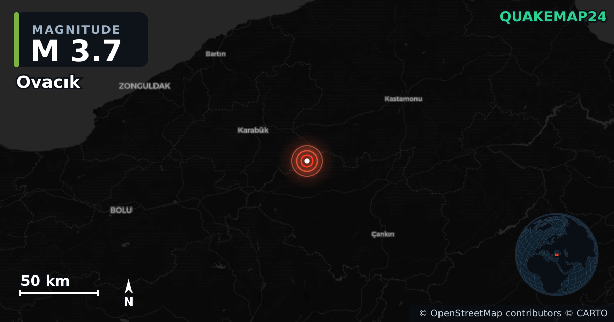 M3.7 earthquake near Ovacık on Dec 2, 2025 — map of epicenter and shaking intensity | QuakeMap24