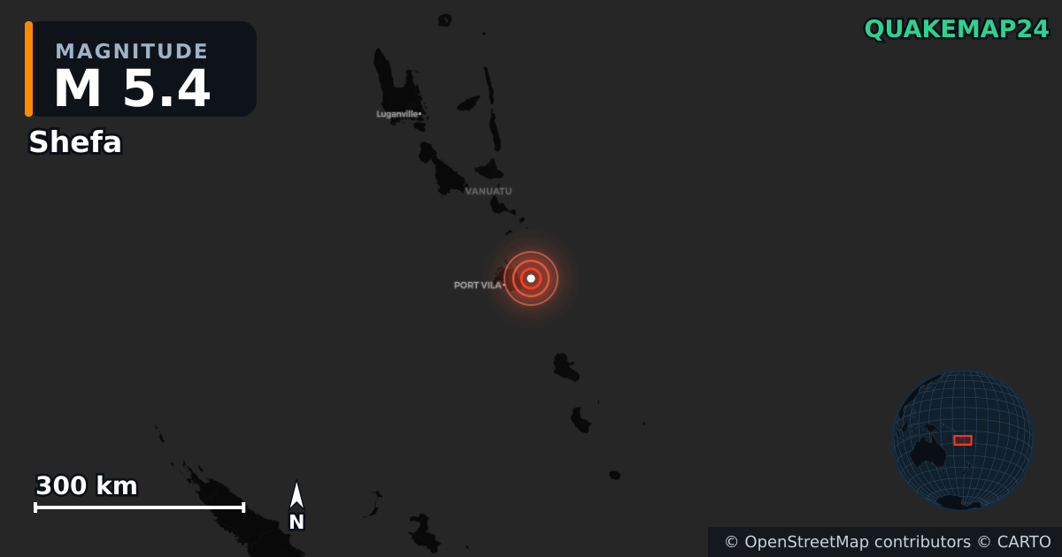 M5.4 earthquake near Shefa on Aug 22, 2025 — map of epicenter and shaking intensity | QuakeMap24