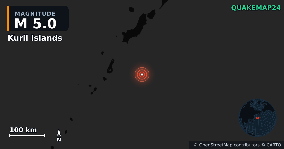 M5.0 earthquake near Kuril Islands on Jan 11, 2026 — map of epicenter and shaking intensity | QuakeMap24