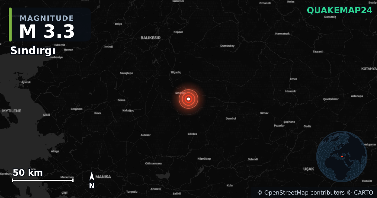 M3.3 earthquake near Sındırgı on Dec 10, 2025 — map of epicenter and shaking intensity | QuakeMap24