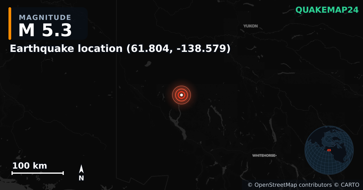 M5.3 earthquake near Deprem konumu (61.804, -138.579) on Dec 8, 2025 — map of epicenter and shaking intensity | QuakeMap24