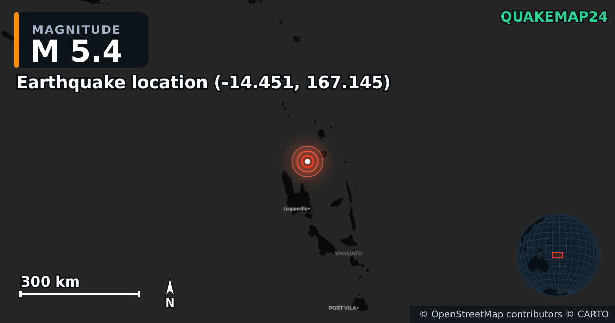 M5.4 earthquake near Deprem konumu (-14.451, 167.145) on Feb 21, 2026 — map of epicenter and shaking intensity | QuakeMap24