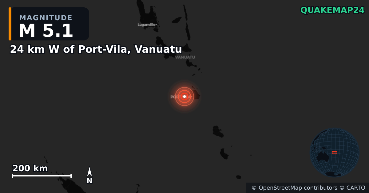 M5.1 earthquake near 24 km W of Port-Vila, Vanuatu on Jan 27, 2025 — map of epicenter and shaking intensity | QuakeMap24