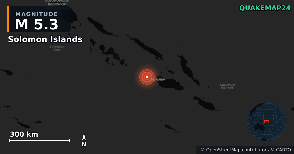 M5.3 earthquake near Solomon Islands on May 11, 2026 — map of epicenter and shaking intensity | QuakeMap24