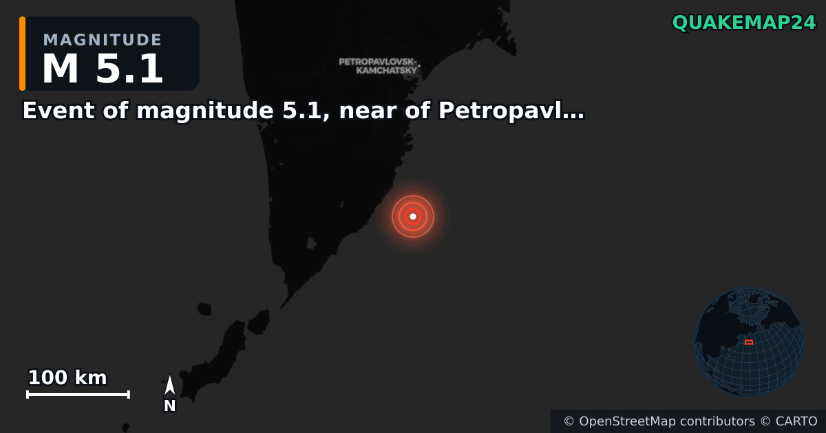M5.1 earthquake near Event of magnitude 5.1, near of Petropavlovsk Kamchatskiy (Monde) on Sep 11, 2025 — map of epicenter and shaking intensity | QuakeMap24