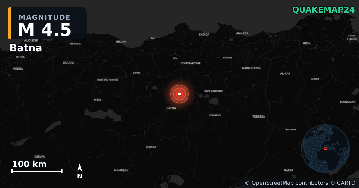 M4.5 earthquake near Batna on Oct 19, 2025 — map of epicenter and shaking intensity | QuakeMap24