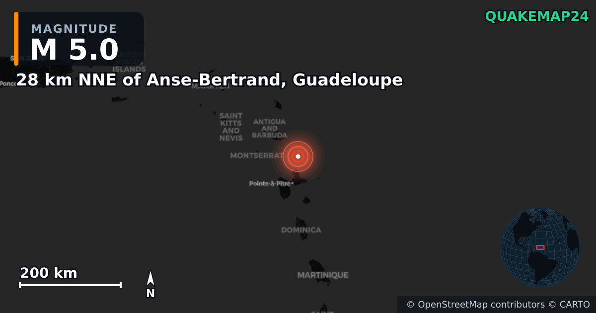 M5.0 earthquake near 28 km NNE of Anse-Bertrand, Guadeloupe on Sep 15, 2025 — map of epicenter and shaking intensity | QuakeMap24