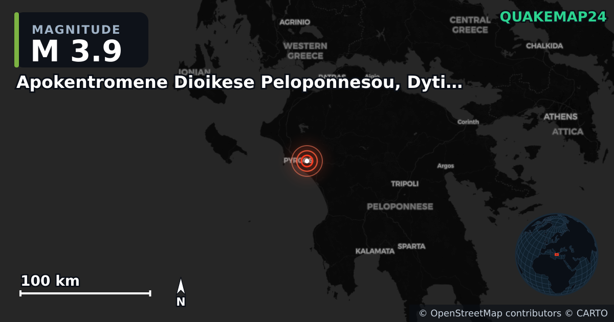 M3.9 earthquake near Apokentromene Dioikese Peloponnesou, Dytikes Elladas kai Ioniou on Jul 7, 2025 — map of epicenter and shaking intensity | QuakeMap24