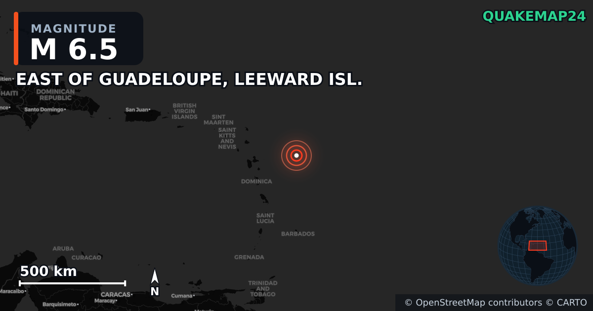 M6.5 Earthquake near EAST OF GUADELOUPE, LEEWARD ISL. · 2025-10-27 — Map showing the location of the epicenter