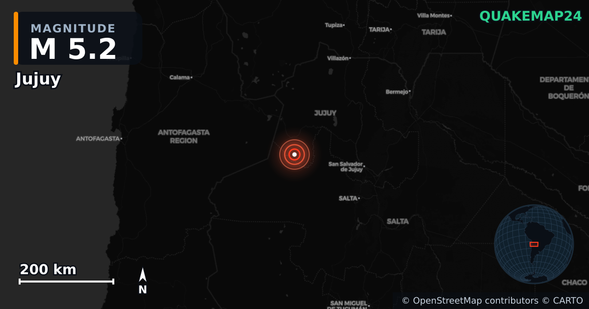 M5.2 earthquake near Jujuy on Sep 4, 2025 — map of epicenter and shaking intensity | QuakeMap24