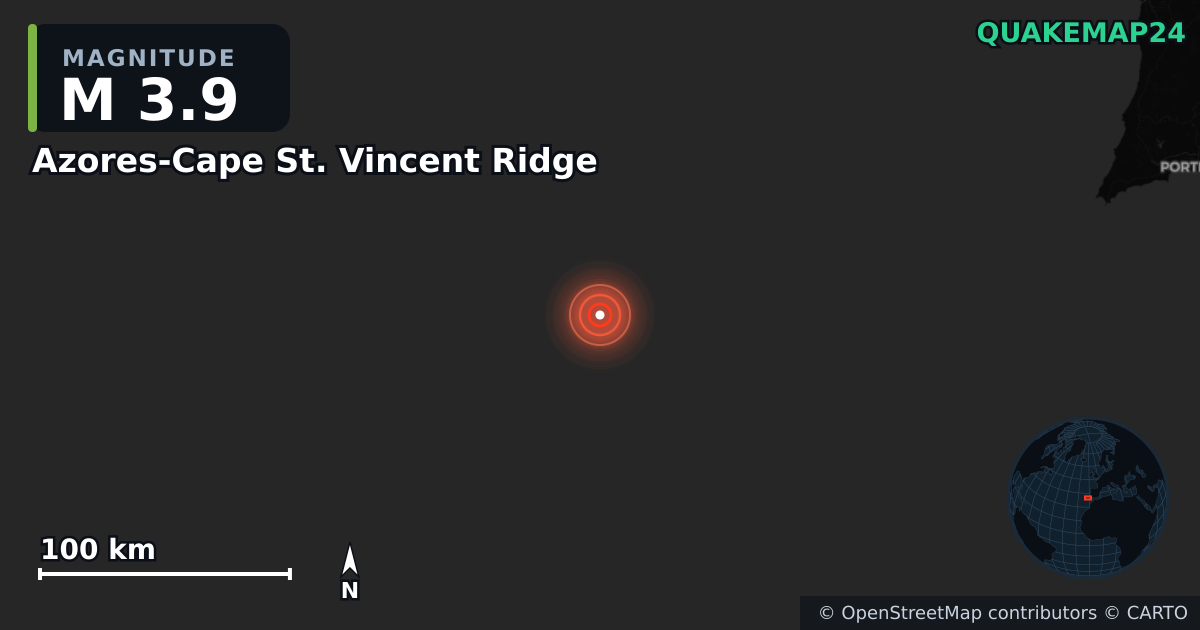 M3.9 earthquake near Azores-Cape St. Vincent Ridge on May 6, 2026 — map of epicenter and shaking intensity | QuakeMap24