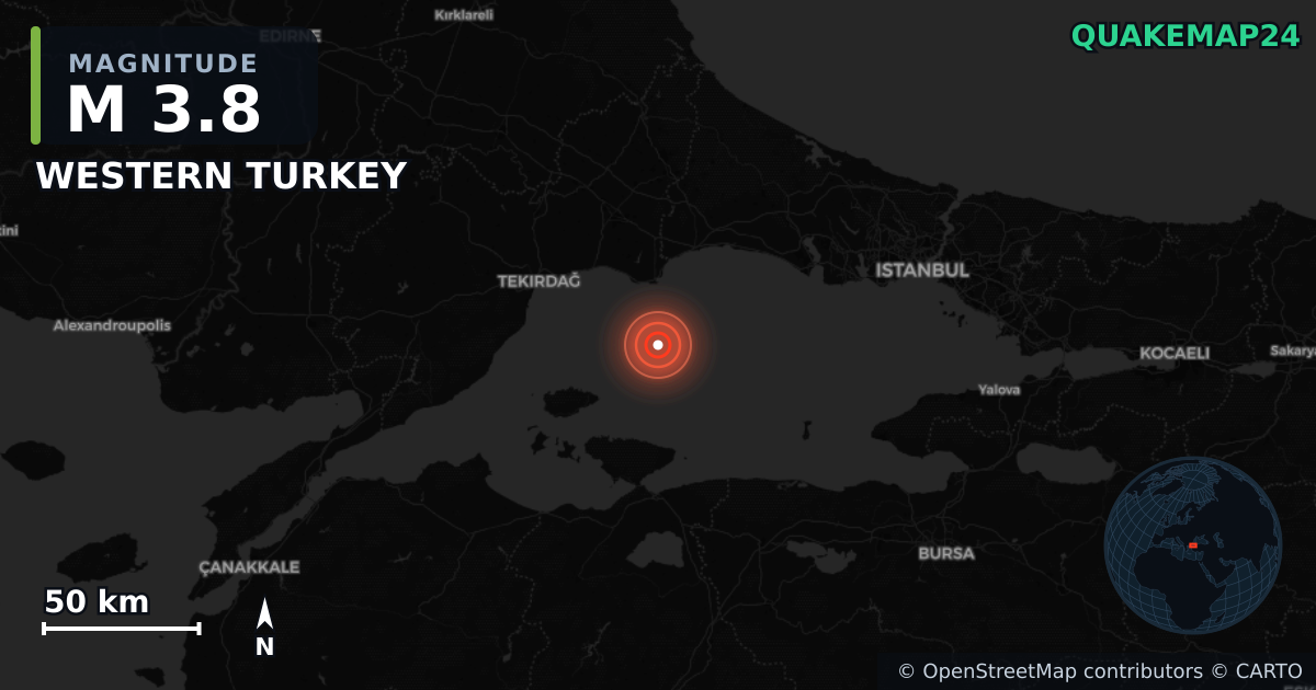 M3.8 earthquake near WESTERN TURKEY on Oct 2, 2025 — map of epicenter and shaking intensity | QuakeMap24
