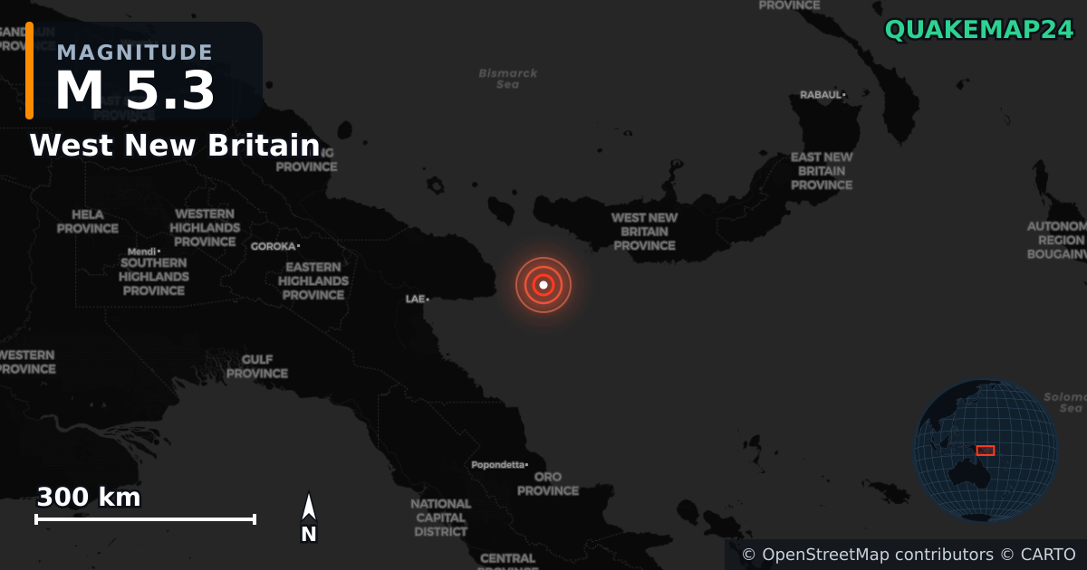 M5.3 earthquake near West New Britain on Oct 23, 2025 — map of epicenter and shaking intensity | QuakeMap24