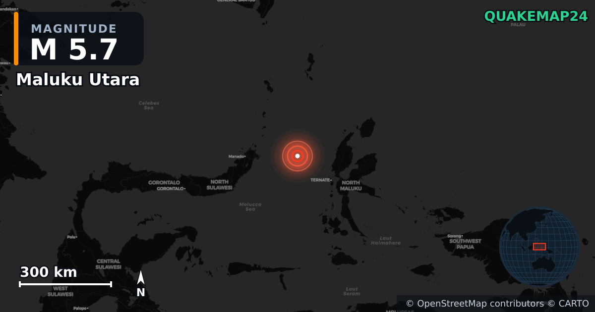 M5.7 earthquake near Maluku Utara on Dec 21, 2025 — map of epicenter and shaking intensity | QuakeMap24