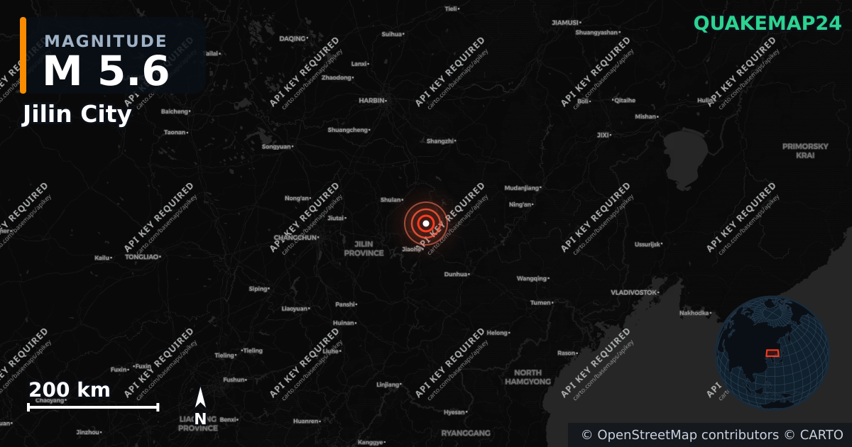 M5.6 earthquake near Jilin City on Jun 26, 2026 — map of epicenter and shaking intensity | QuakeMap24