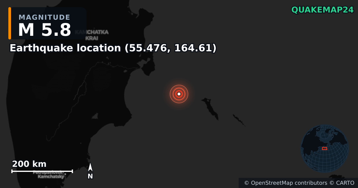 M5.8 earthquake near Deprem konumu (55.476, 164.61) on Feb 26, 2025 — map of epicenter and shaking intensity | QuakeMap24