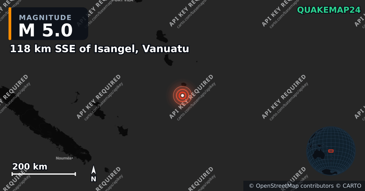 M5.0 earthquake near 118 km SSE of Isangel, Vanuatu on Sep 1, 2026 — map of epicenter and shaking intensity | QuakeMap24