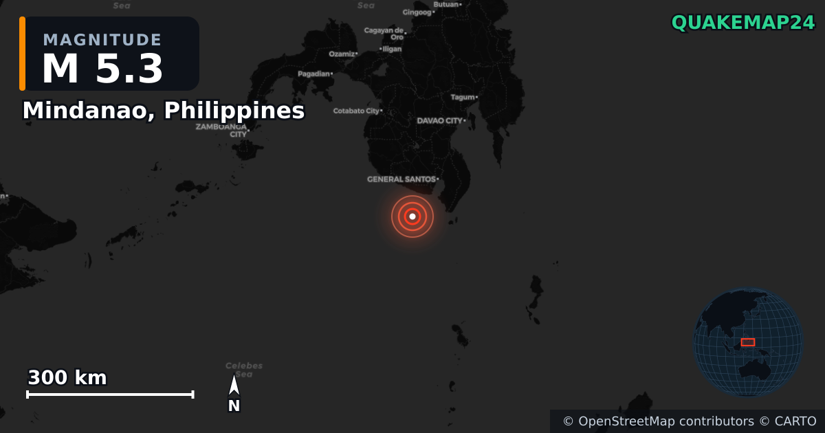 Σεισμός M5,3 κοντά στο Mindanao, Philippines — Χάρτης της θέσης του επικέντρου