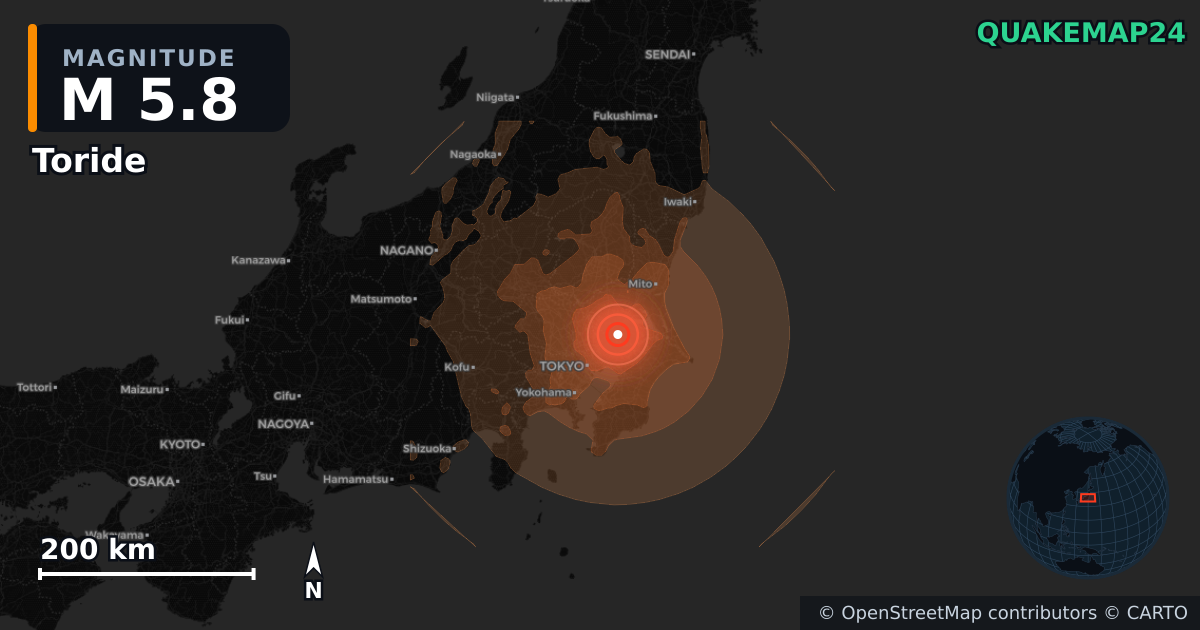 M5.8 earthquake near Toride on Aug 22, 2026 — map of epicenter and shaking intensity | QuakeMap24