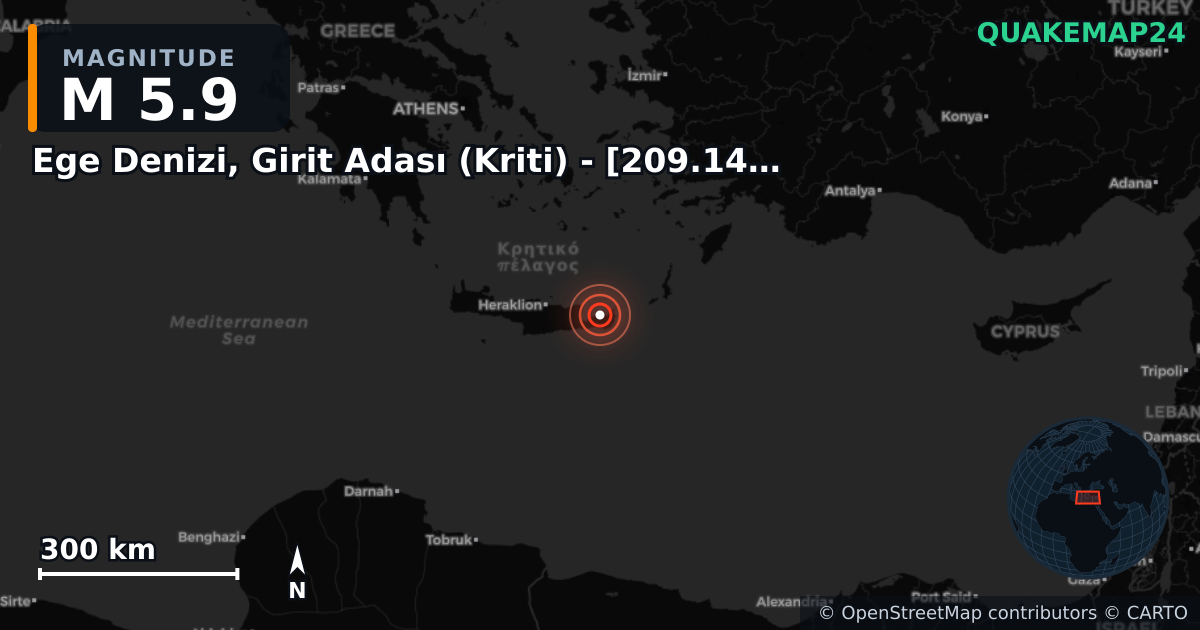 Erdbeben M5,9 bei Ege Denizi, Girit Adası (Kriti) - [209.14 km] Datça (Muğla) — Karte der Lage des Epizentrums