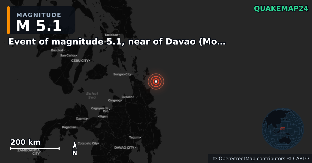 Erdbeben M5,1 bei Event of magnitude 5.1, near of Davao (Monde) — Karte der Lage des Epizentrums