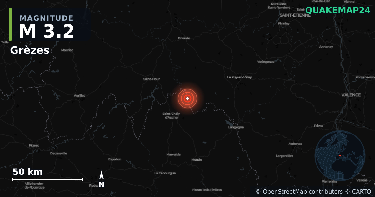 Erdbeben M3,2 bei Grèzes, Auvergne-Rhône-Alpes (Frankreich) · 2026-10-22 — Karte der Lage des Epizentrums
