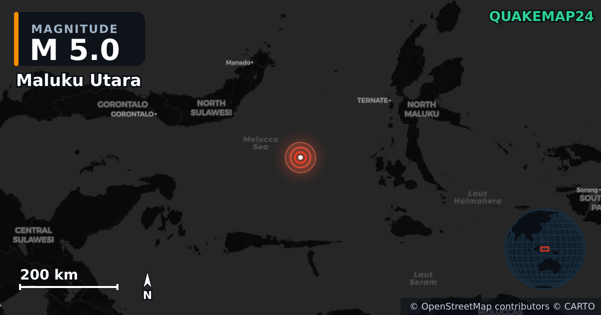 M5.0 earthquake near Maluku Utara on Dec 4, 2025 — map of epicenter and shaking intensity | QuakeMap24
