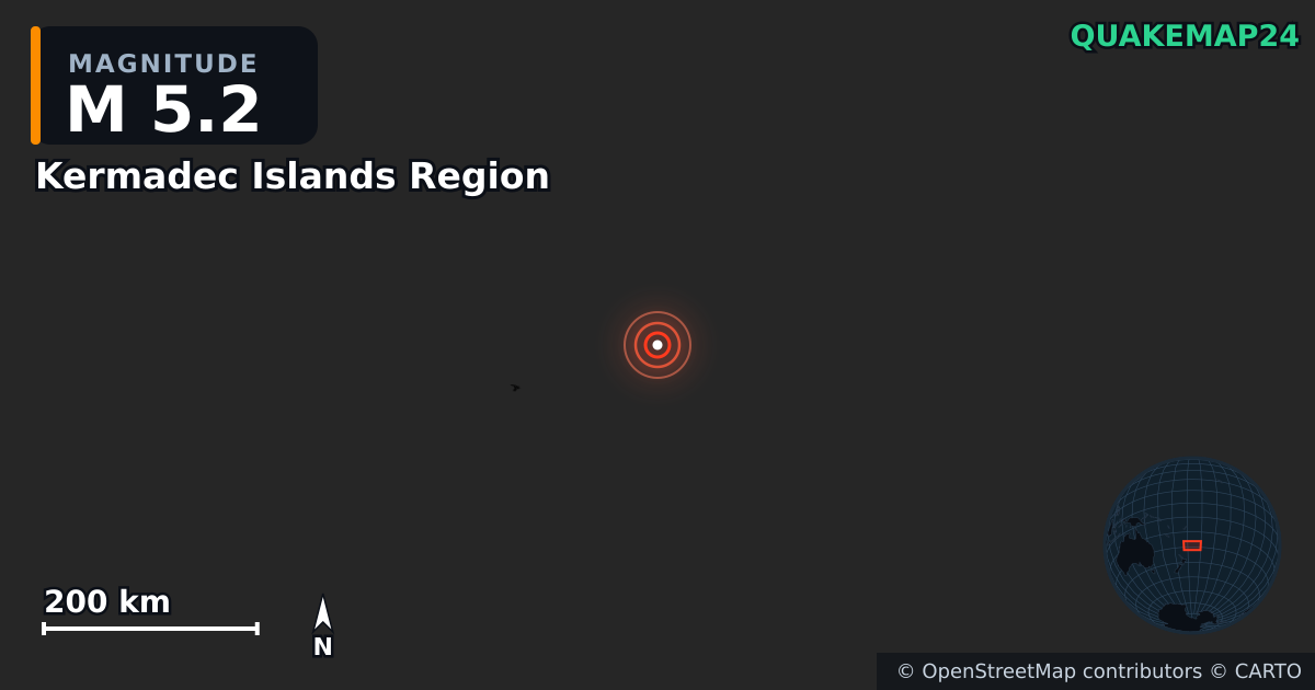 M5.2 earthquake near Kermadec Islands Region on Jan 30, 2026 — map of epicenter and shaking intensity | QuakeMap24