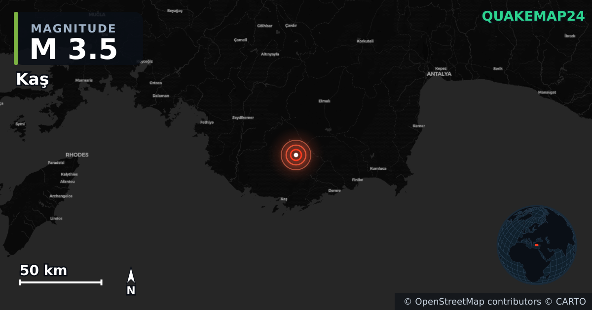 Sismo de M3,5 perto de Kaş (Turquia) · 2025-11-30 — Mapa da localização do epicentro